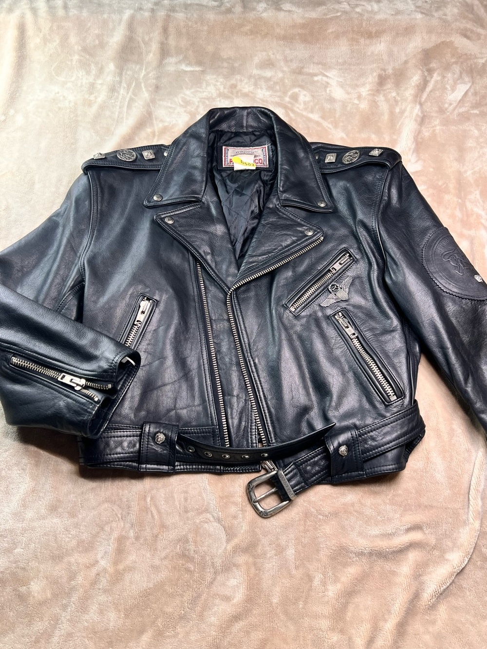 PARASUCO Vintage Black Leather Biker Jacket with Silver Buckle and Studs